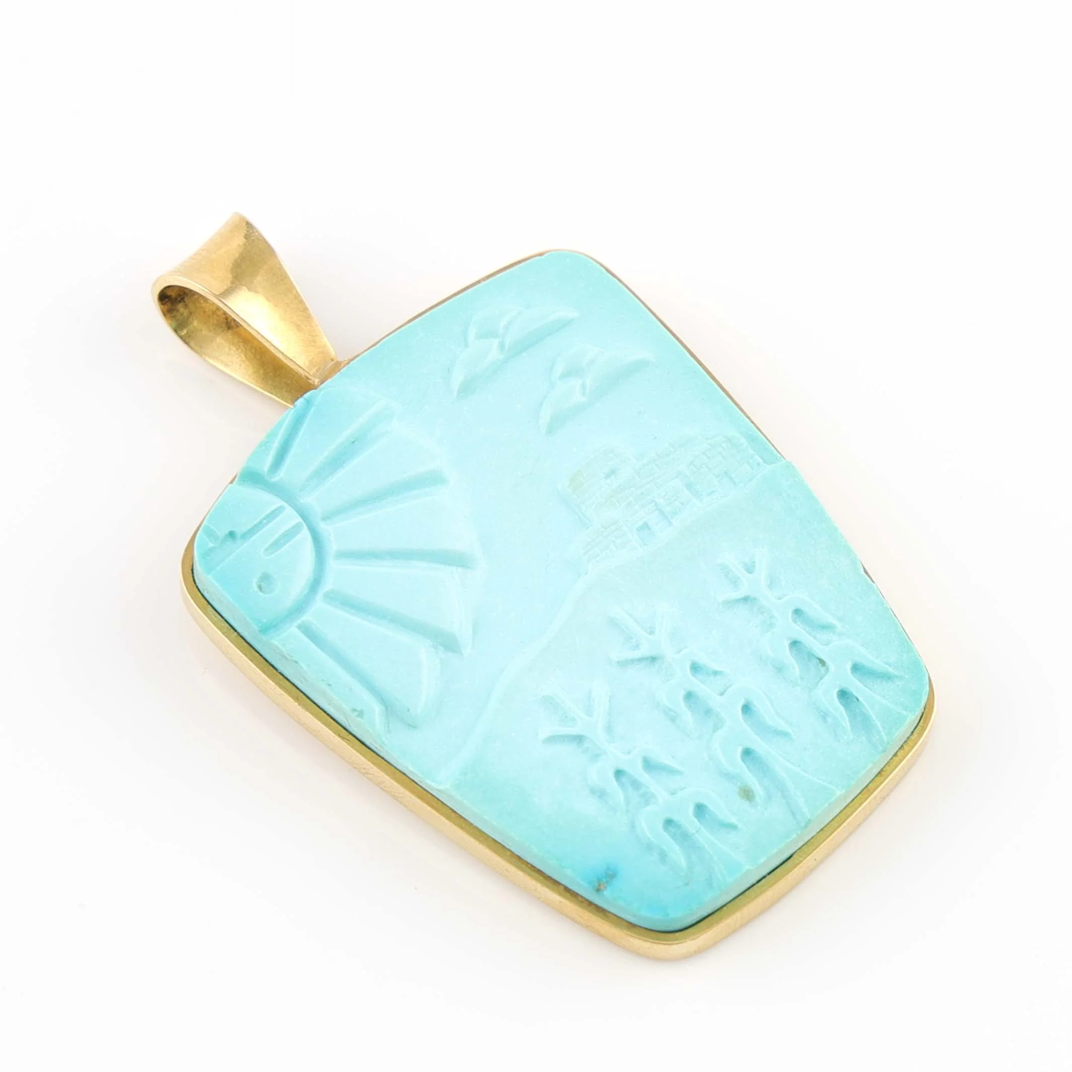 Carved Turquoise and Gold Pendant - Image 2